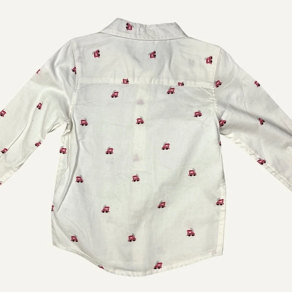 OshKosh B'gosh Toddler Boys White Red Train Print Button Down Shirt 3T NEW